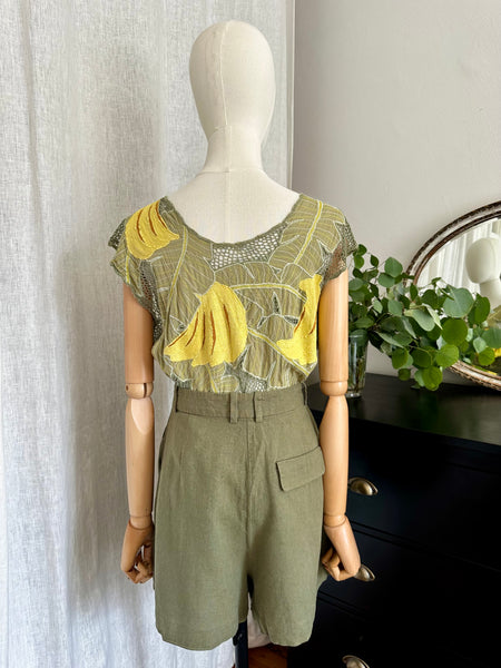 Vintage 1980s Tropical Leaf Mesh Top with Yellow Banana Appliqué