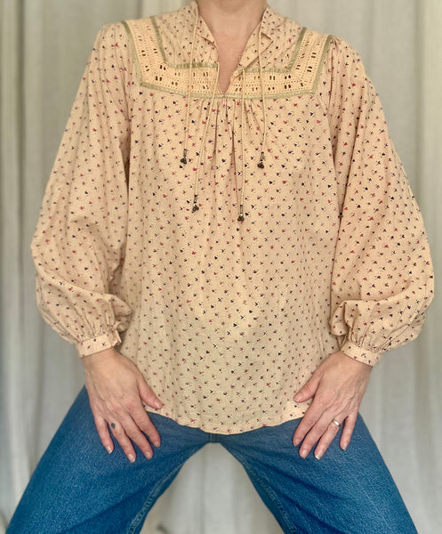 Rare Vintage Indian Cotton Tunic Blouse - Peach Flora Smock