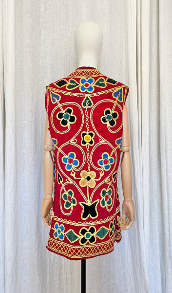 Rare 1960s Burgundy Velvet Waistcoat - Embroidered Floral Bohemian Vest