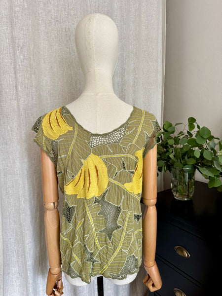 Vintage 1980s Tropical Leaf Mesh Top with Yellow Banana Appliqué