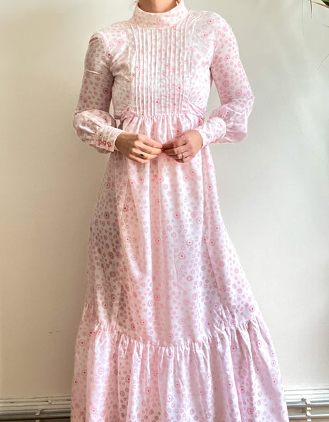 Vintage 1970's Pink Floral Prairie Maxi Dress