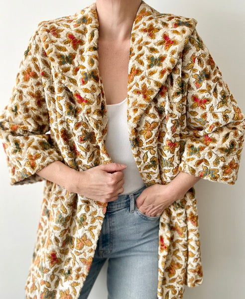 1960s Vintage Floral Jacquard Velour Coat, Cream Swing Smock