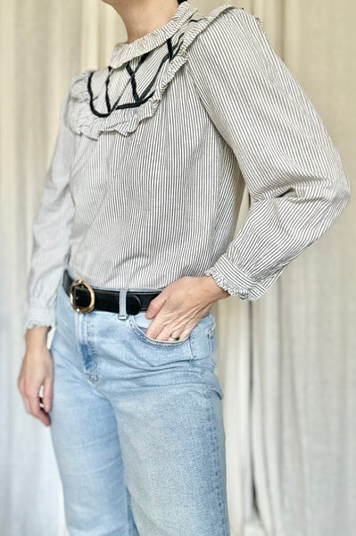 Vintage Victorian Prairie Blouse , Green & White Stripe Cotton with Velvet Trim