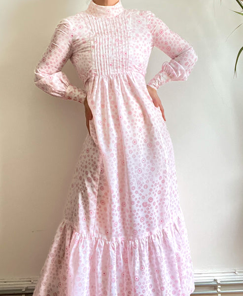 Vintage 1970's Pink Floral Prairie Maxi Dress