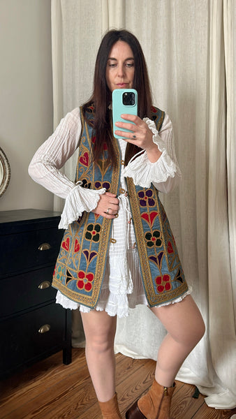 Rare 1960s Blue Velvet Embroidered Waistcoat – Folklore Floral & Heart Design, Bohemian Vintage Vest