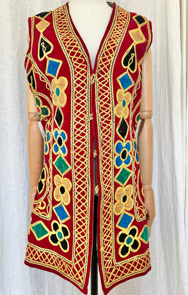 Rare 1960s Burgundy Velvet Waistcoat - Embroidered Floral Bohemian Vest