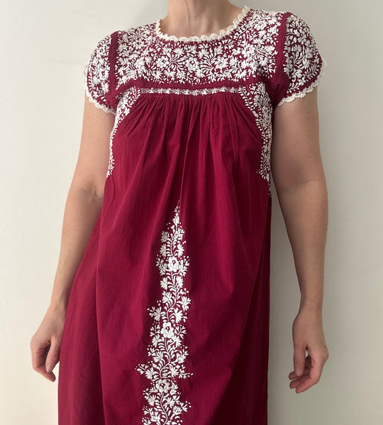 Vintage 1970s Oaxacan Mexican Embroidered Dress,  Folk Art Cotton Maxi