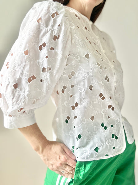 Vintage White Cotton Blouse, Cutwork Puff Sleeve Victorian Top