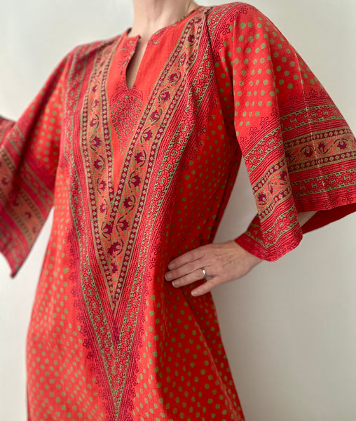 Rare Vintage Indian Block Print Maxi Dress , 70's Red Angel Sleeve Bohemian