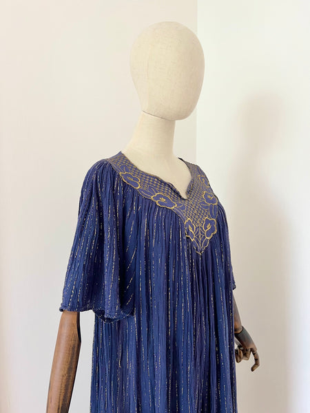 1970's Indian Gauze Crinkle Cotton Smock Dress