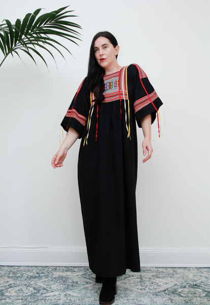 1970's Boho Folk Art Woven Cotton Hand Embroidered Mayan Guatemalan Kaftan