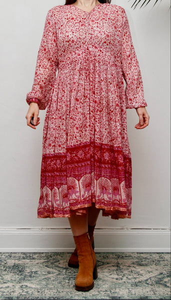 Vintage Indian Cotton Gauze Dress - Pink Floral Peacock Bohemian