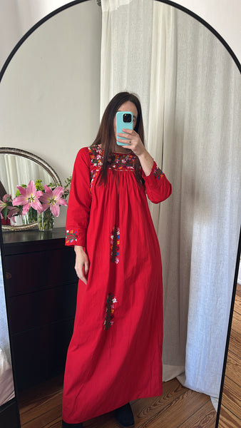 1970's Traditional Cotton Floral Embroidered Oaxacan Mexican Dress