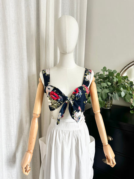 Vintage 1980s Floral Tie Front Bralette Crop Top