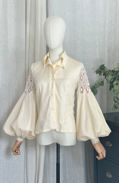 Vintage 1970s Boho Gothic Blouse, Cream Cotton with Bishop Sleeves