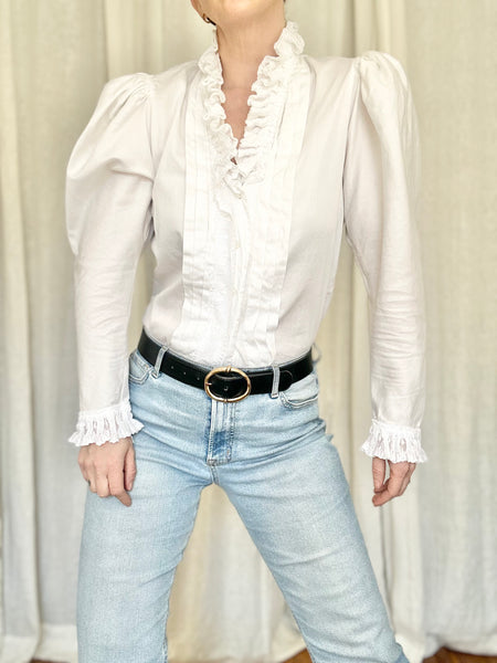 Vintage Victorian Style Cotton Blouse | Puff Shoulder Ruffle Gothic Top