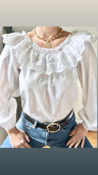 1970s Ruffle White Romantic Frilly Collar Blouse
