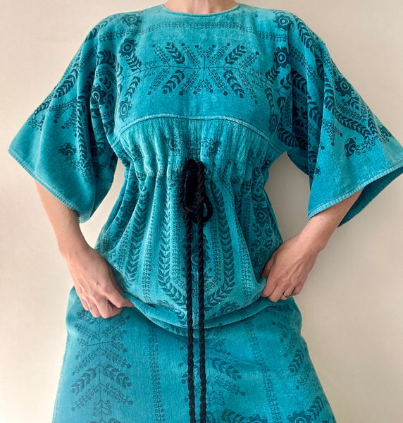 Rare Vintage 1970s Toweling Kaftan Dress - Turquoise Floral Cotton