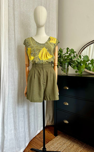 Vintage 1980s Tropical Leaf Mesh Top with Yellow Banana Appliqué