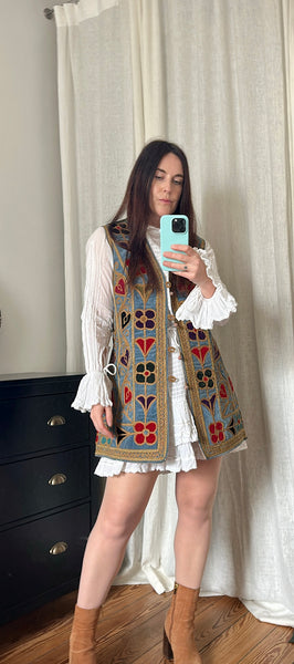 Rare 1960s Blue Velvet Embroidered Waistcoat – Folklore Floral & Heart Design, Bohemian Vintage Vest