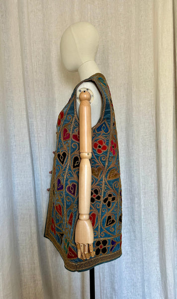 Rare 1960s Blue Velvet Embroidered Waistcoat – Folklore Floral & Heart Design, Bohemian Vintage Vest