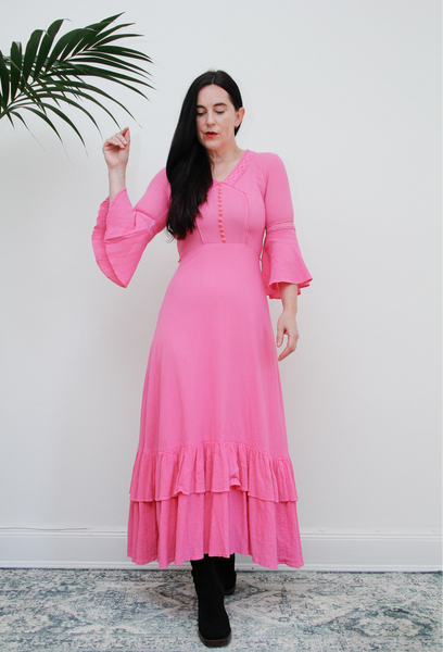 Vintage Pink Cotton Floral Cheesecloth Maxi Kaftan Dress