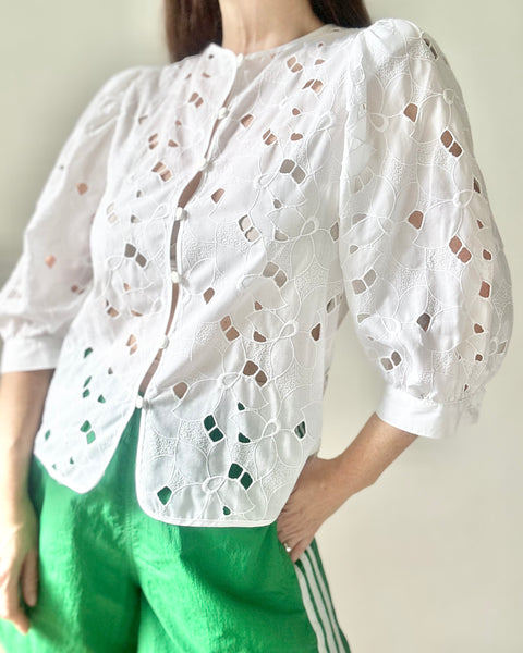 Vintage White Cotton Blouse, Cutwork Puff Sleeve Victorian Top