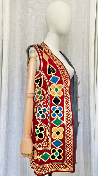 Rare 1960s Burgundy Velvet Waistcoat - Embroidered Floral Bohemian Vest