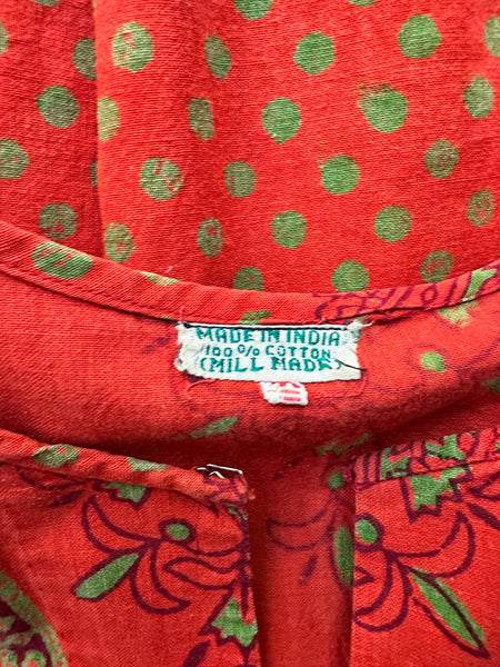 Rare Vintage Indian Block Print Maxi Dress , 70's Red Angel Sleeve Bohemian