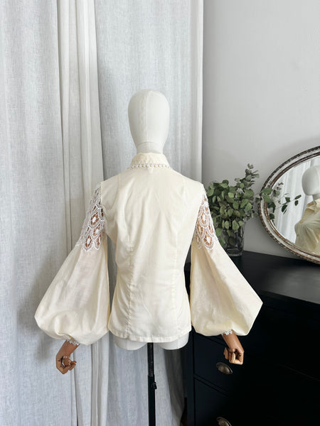Vintage 1970s Boho Gothic Blouse, Cream Cotton with Bishop Sleeves