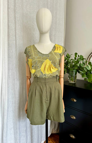 Vintage 1980s Tropical Leaf Mesh Top with Yellow Banana Appliqué