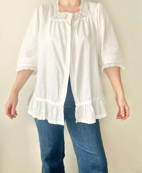 Antique White Cotton Anglaise Blouse with Wide Scalloped Sleeves