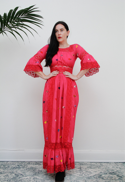 1970's Pink Floral Cotton Lace Mexican Kaftan Dress