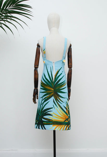 Vintage Turquoise Palm Leaf Cotton Shift Dress