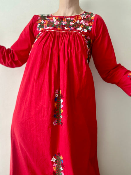 1970's Traditional Cotton Floral Embroidered Oaxacan Mexican Dress