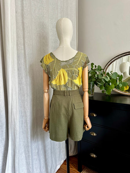 Vintage 1980s Tropical Leaf Mesh Top with Yellow Banana Appliqué