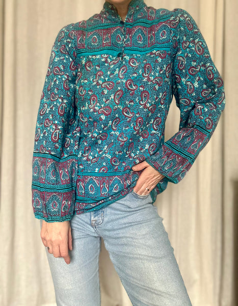Rare 1970s Indian Block Print Cotton Blouse - Smock Tunic