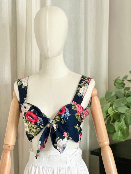 Vintage 1980s Floral Tie Front Bralette Crop Top