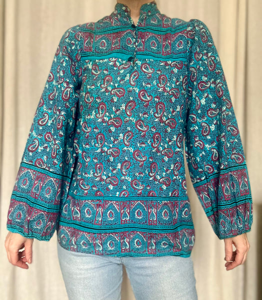 Rare 1970s Indian Block Print Cotton Blouse - Smock Tunic