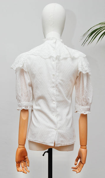 Vintage Laura Ashley Victorian Blouse | White Swiss Dot Cotton Lace Colla