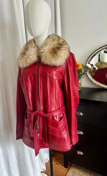 1970s Penny Lane Red Jacket with Sheepskin Collar
