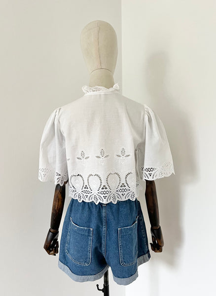 Traditional 1970's Cotton Anglaise Puffy Sleeve Frill Blouse