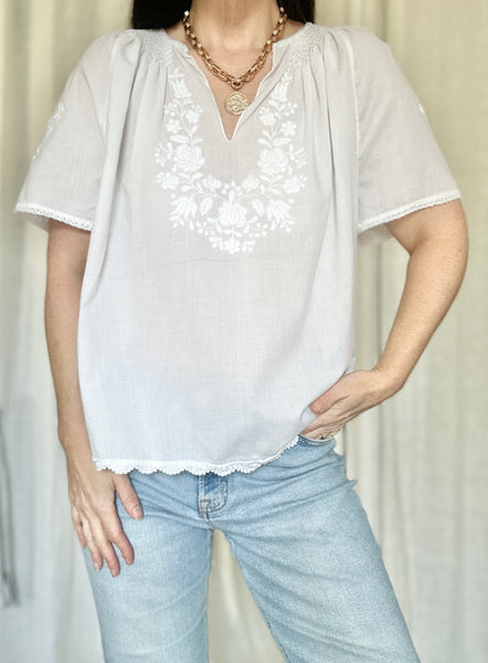 Vintage 1970s Hungarian Cotton Blouse - White Floral Hand Embroidered