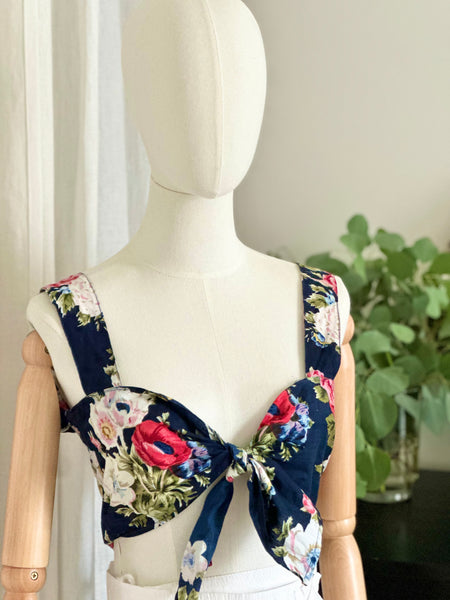 Vintage 1980s Floral Tie Front Bralette Crop Top