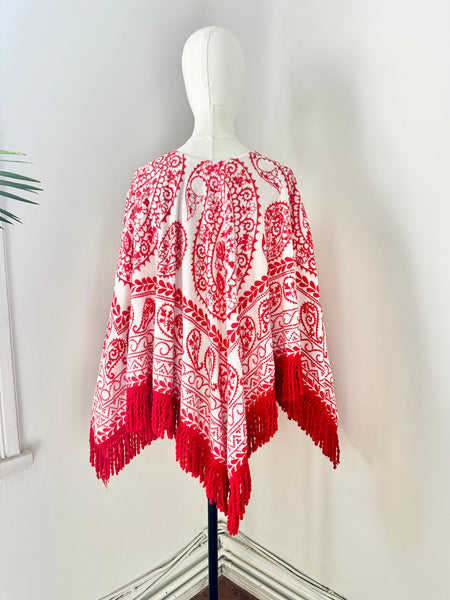 Vintage 1970s Towelling Kaftan Poncho Top, Red Paisley Bohemian Cotton