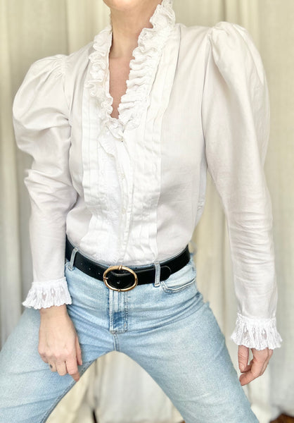 Vintage Victorian Style Cotton Blouse | Puff Shoulder Ruffle Gothic Top