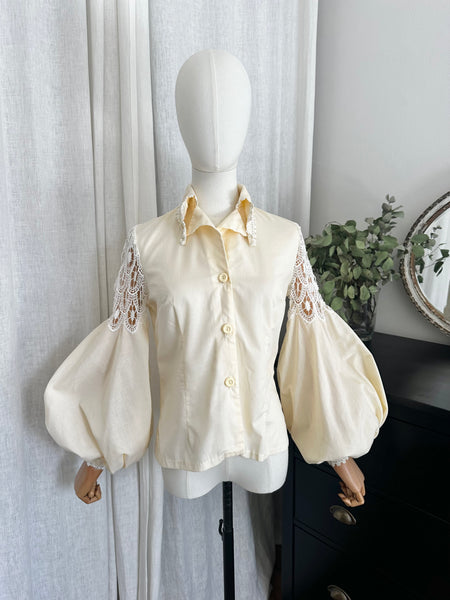 Vintage 1970s Boho Gothic Blouse, Cream Cotton with Bishop Sleeves