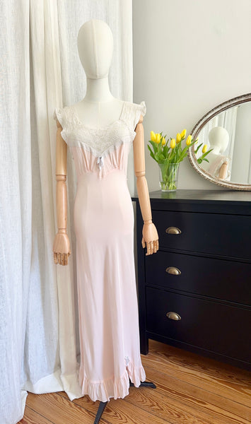 Rare 1930s Bias Cut Silk Nightgown | Pink Lace Embroidered Antique