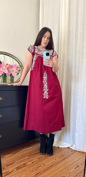 Vintage 1970s Oaxacan Mexican Embroidered Dress,  Folk Art Cotton Maxi
