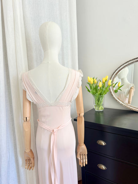 Rare 1930s Bias Cut Silk Nightgown | Pink Lace Embroidered Antique